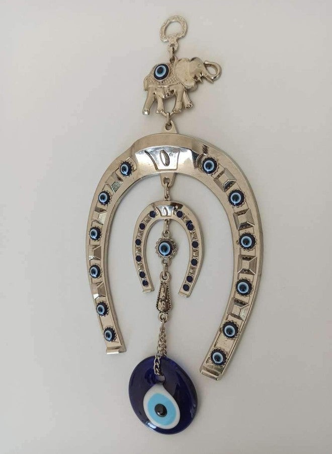 Erbulus Turkish Silver Horse Shoe Blue Evil Eye Hanging Ornament with Elephant - Home Entrance Protection Amulet for Good Luck & Prosperity - Main Door & Wall Decor (Large) - Image 4